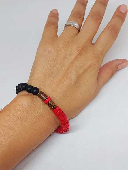 Ahşap Kırmızı Renkli & Oniks Taşı 8mm Unisex Tasarım Bileklik Hawaii Model (11118) - Resim 4