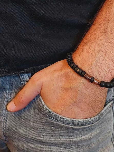 Ahşap Siyah Renkli & Oniks Taşı 8mm Unisex Tasarım Bileklik Hawaii Model (11130) - Resim 3