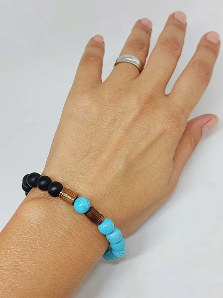 Turkuaz & Oniks Taşı 8mm Unisex Tasarım Bileklik Hawaii Model (4674) - Resim 4