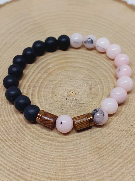 Opal Pembe-Siyah Renk & Oniks Taşı 8mm Unisex Tasarım Bileklik Hawaii Model (42110) - Resim 6