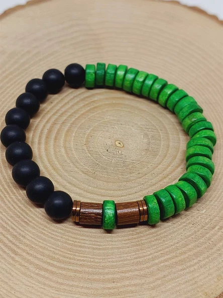 Ahşap Yeşil Renkli & Oniks Taşı 8mm Unisex Tasarım Bileklik Hawaii Model (11121) - Resim 6