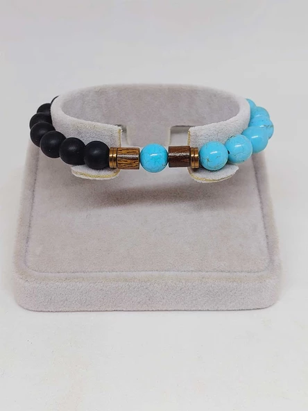 Turkuaz & Oniks Taşı 8mm Unisex Tasarım Bileklik Hawaii Model (4674) - Resim 2