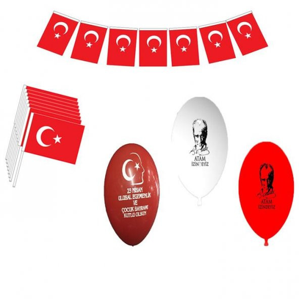 50 Adet Çubuklu Ay Yıldız Bayrak + 50 Adet İpli Bayrak + 25 Adet Atatürk Balonu +25 Adet 23 Nisan Balonu
