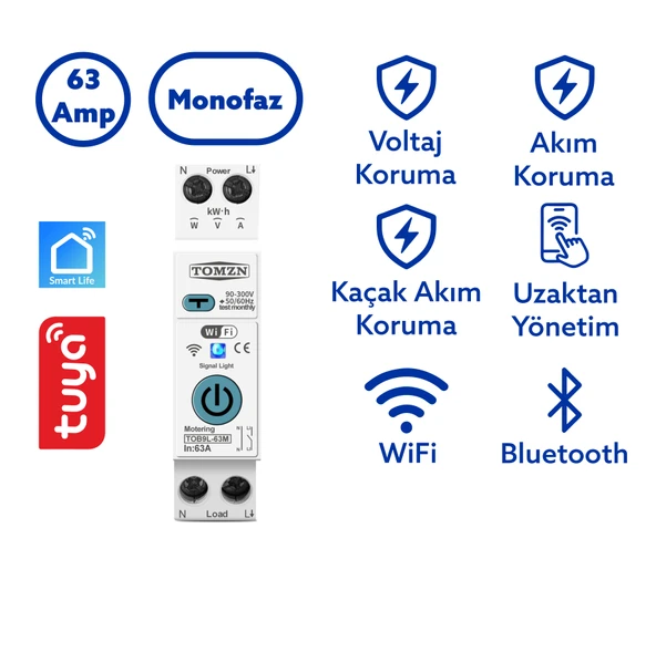 Tomzn Akıllı Kaçak Akım Rölesi ve Voltaj Akım Koruma Rölesi 63A WiFi Özellikli SmartLife ürün görseli 1