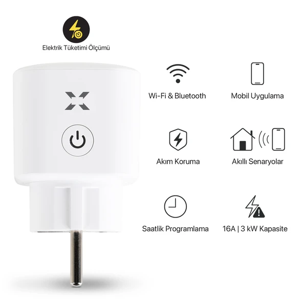 Akım Korumalı Akıllı Priz Enerji Ölçümlü, Wifi Bluetooth Bağlantı, Mobil Kontrol Beyaz