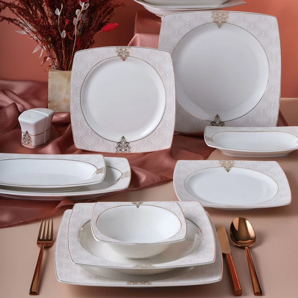 GÜRAL PORSELEN Caroline 54 Parça 12 Kişilik Kare Yemek Takımı  5994 ürün görseli 1