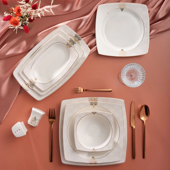 GÜRAL PORSELEN Caroline 54 Parça 12 Kişilik Kare Yemek Takımı  5994 - Resim 2