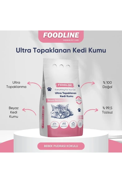 Foodline Bebek Pudrası Kokulu İnce Taneli Bentonit Topaklanan Kedi Kumu 10 Lt - 2