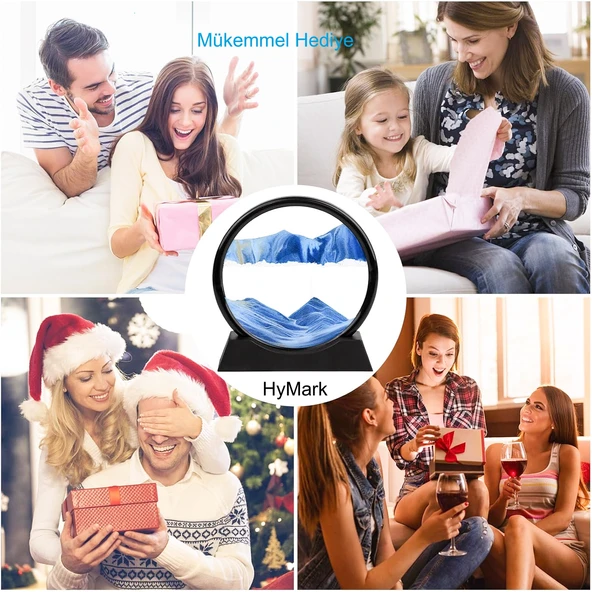 HyMark Hareketli 3D Kum Saati 30cm Büyük Boy Mavi Yuvarlak 12inch Cam Dekoratif Sanatsal Rahatlatıcı - 7