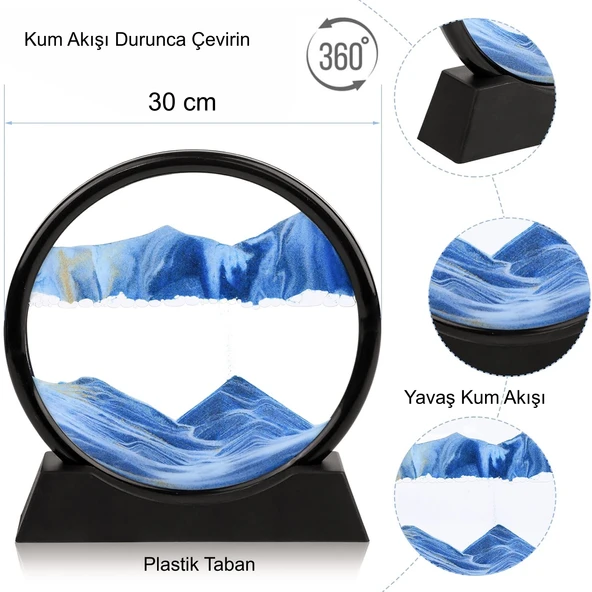 HyMark Hareketli 3D Kum Saati 30cm Büyük Boy Mavi Yuvarlak 12inch Cam Dekoratif Sanatsal Rahatlatıcı - 4
