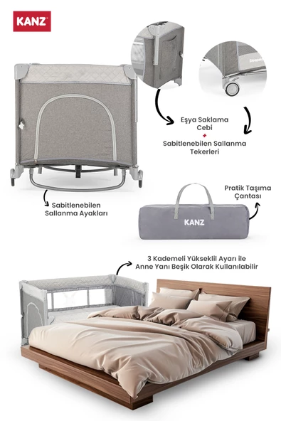 Kanz Sleepside +Plus Anne Yanı Park Yatak ve Oyun Parkı Gri - 3
