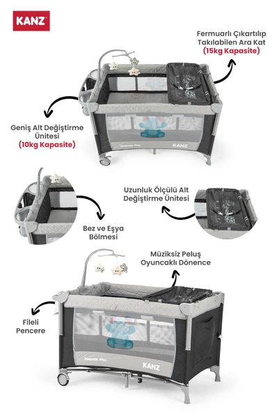 Kanz Sleepside +Plus Anne Yanı Park Yatak ve Oyun Parkı Siyah - 3