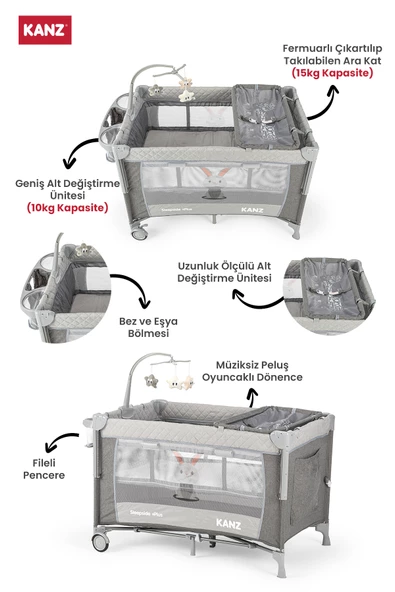 Kanz Sleepside +Plus Anne Yanı Park Yatak ve Oyun Parkı Gri - 5