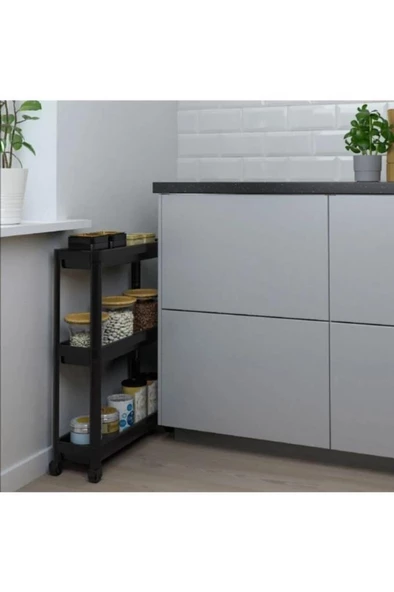 Sev Plastik 3 Katlı Organizer Diktördgen Banyo ve Mutfak Raf Ünitesi Tekerlekli Siyah - 2