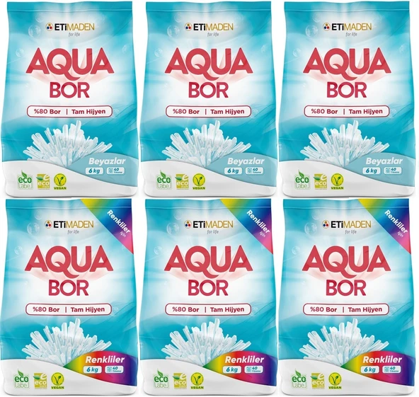Boron AquaBor Matik Toz Çamaşır Deterjanı 36KG Beyazlar+Renkliler 240 Yıkama (6PK*6KG)