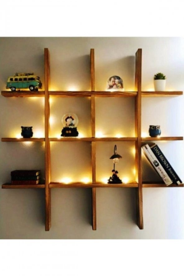 Doğal Ahşap Led Işıklı Çoklu Raf Dekoratif Duvar Kitap Rafı - 1