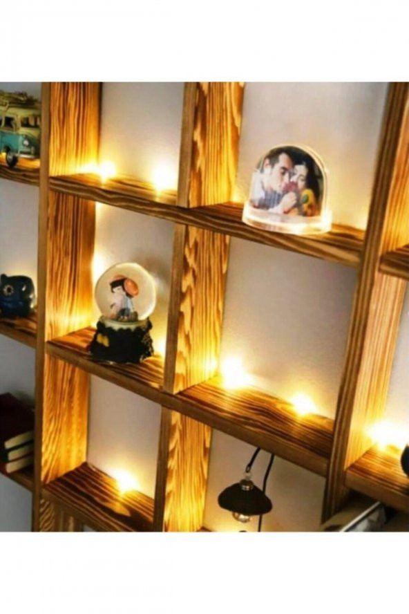 Doğal Ahşap Led Işıklı Çoklu Raf Dekoratif Duvar Kitap Rafı - 3