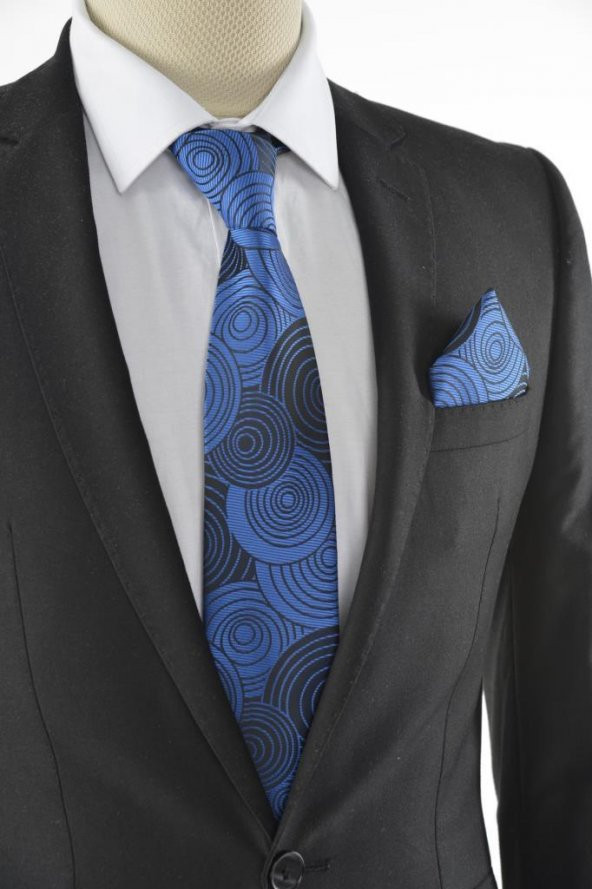 Brianze Geometrik Desen Mavi Mendilli Kravat ürün görseli 1