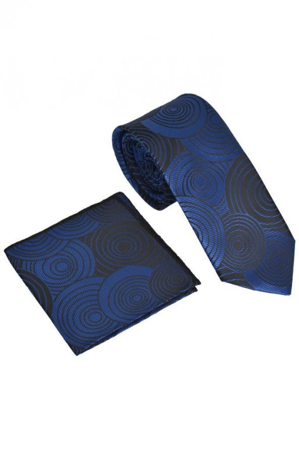 Brianze Geometrik Desen Mavi Mendilli Kravat - Resim 3
