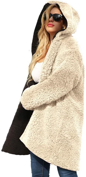Peluş Çift Taraflı Kışlık Kadın Tüylü Ceket - 2