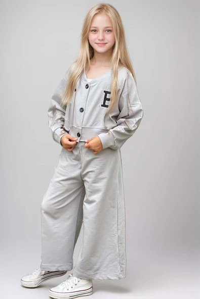 Kız Çocuk Harf Baskılı Düğmeli Kolej Hırka Bol Kesim Paça Gri Eşofman Takım