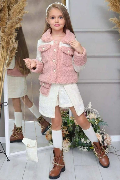 Kız Çocuk İnci Düğme ve Peluş Detaylı Gömlek Pembe Triko Etekli Takım - 5