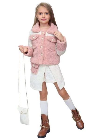 Kız Çocuk İnci Düğme ve Peluş Detaylı Gömlek Pembe Triko Etekli Takım - 2