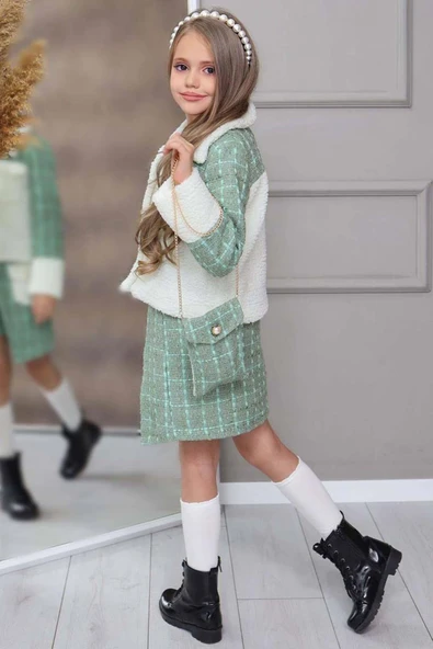 Kız Çocuk İnci Düğme ve Peluş Detaylı Gömlek Yeşil Triko Etekli Takım - 6