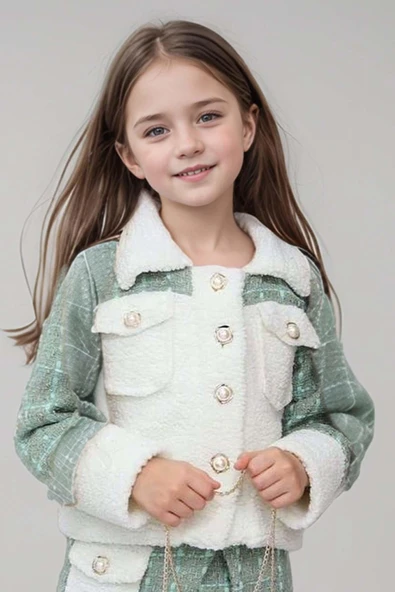 Kız Çocuk İnci Düğme ve Peluş Detaylı Gömlek Yeşil Triko Etekli Takım - 8