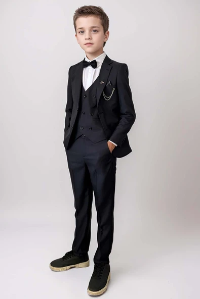Erkek Çocuk Blazer Ceketli, Cepken Yelekli Siyah Takım Elbise 10-16 Yaş - 6