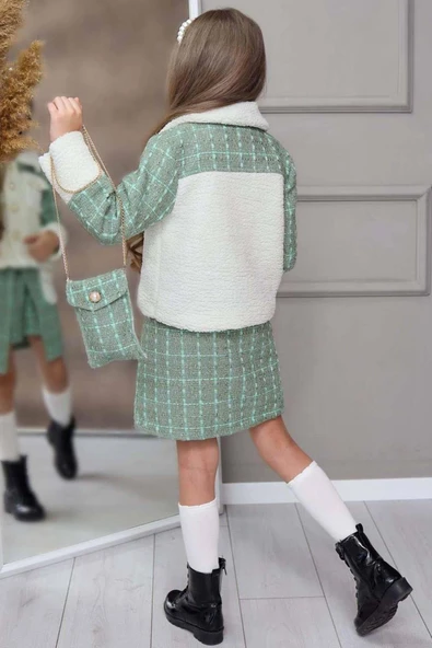 Kız Çocuk İnci Düğme ve Peluş Detaylı Gömlek Yeşil Triko Etekli Takım - 5