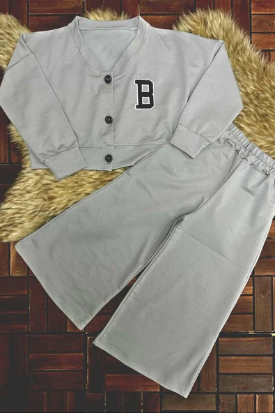 Kız Çocuk Harf Baskılı Düğmeli Kolej Hırka Bol Kesim Paça Gri Eşofman Takım - 4