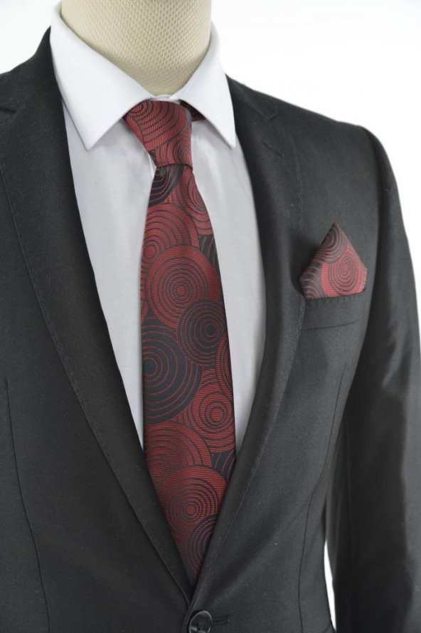 Brianze Geometrik Desen Bordo Mendilli Kravat ürün görseli 1