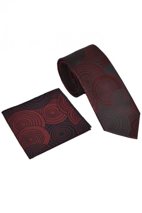 Brianze Geometrik Desen Bordo Mendilli Kravat - Resim 3