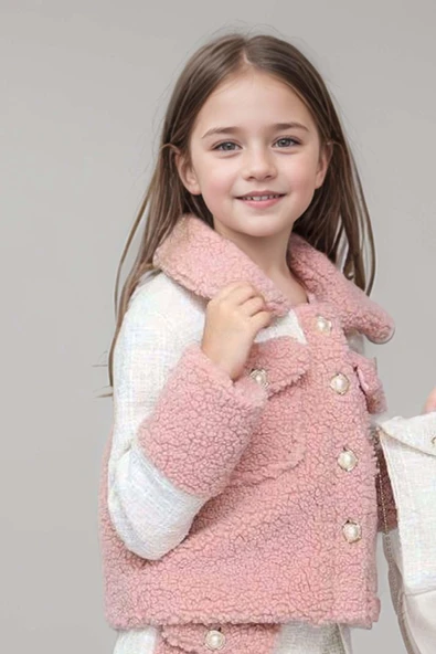 Kız Çocuk İnci Düğme ve Peluş Detaylı Gömlek Pembe Triko Etekli Takım - 7