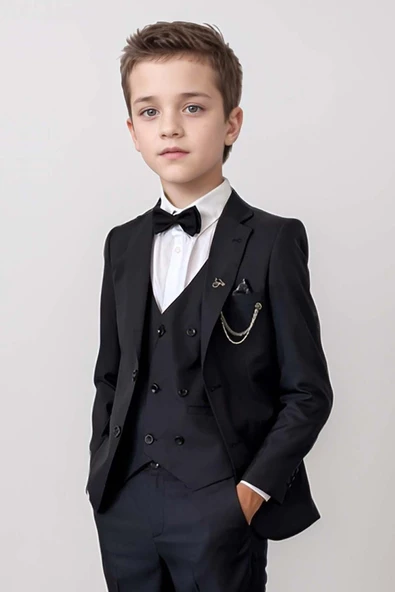 Erkek Çocuk Blazer Ceketli, Cepken Yelekli Siyah Takım Elbise 10-16 Yaş - 9