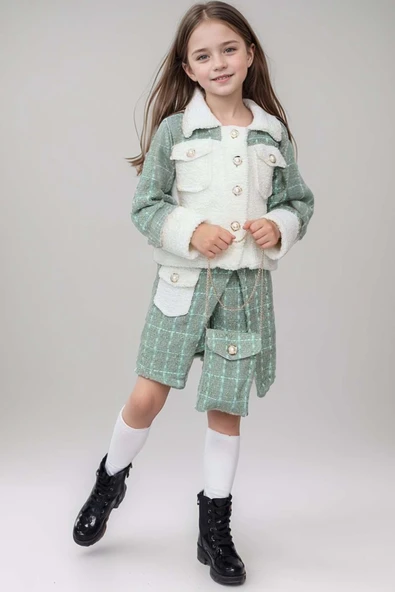 Kız Çocuk İnci Düğme ve Peluş Detaylı Gömlek Yeşil Triko Etekli Takım - 4