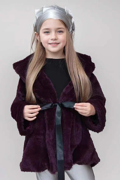 Kız Çocuk Penye Kazak ve Deri Taytlı Kuşak Detaylı Jarse Bordo Kürklü Kaban - 5