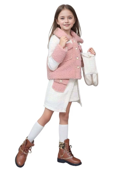 Kız Çocuk İnci Düğme ve Peluş Detaylı Gömlek Pembe Triko Etekli Takım