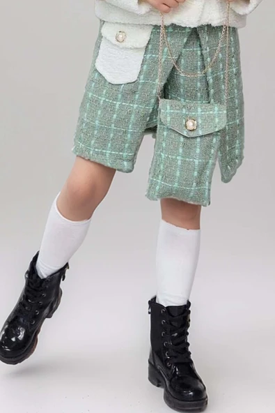 Kız Çocuk İnci Düğme ve Peluş Detaylı Gömlek Yeşil Triko Etekli Takım - 9