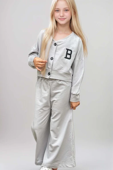 Kız Çocuk Harf Baskılı Düğmeli Kolej Hırka Bol Kesim Paça Gri Eşofman Takım - 3
