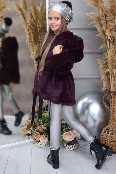 Kız Çocuk Penye Kazak ve Deri Taytlı Kuşak Detaylı Jarse Bordo Kürklü Kaban - 3