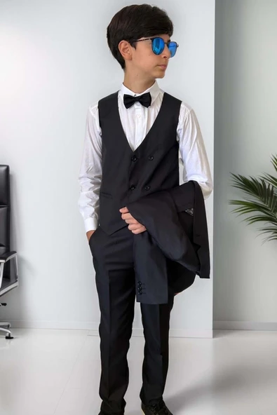 Erkek Çocuk Blazer Ceketli, Cepken Yelekli Siyah Takım Elbise 10-16 Yaş - 8
