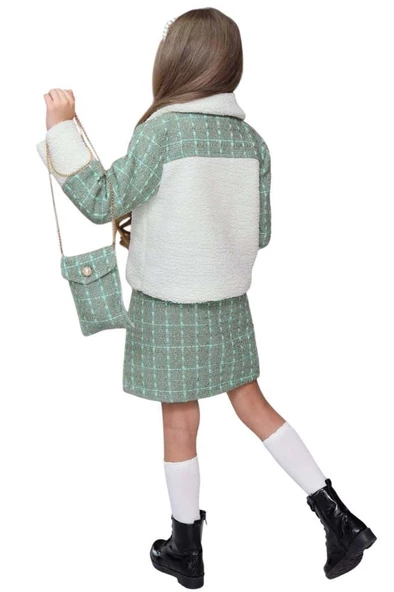 Kız Çocuk İnci Düğme ve Peluş Detaylı Gömlek Yeşil Triko Etekli Takım - 2