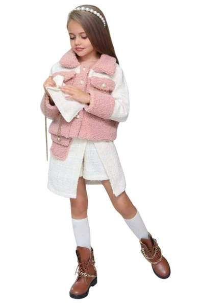 Kız Çocuk İnci Düğme ve Peluş Detaylı Gömlek Pembe Triko Etekli Takım - 3