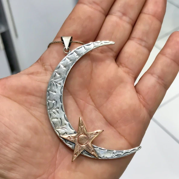 Ayyıldız Otantik Büyük Boy El İşçiliği Gümüş Ay Yıldız Kolye - 3