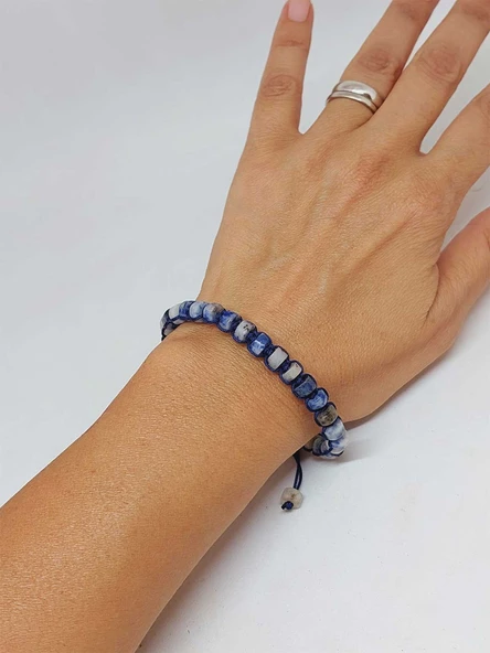 Sodalit Taşı Rondela Kesim Makrome Tasarım Unisex Bileklik (49354) - Resim 2