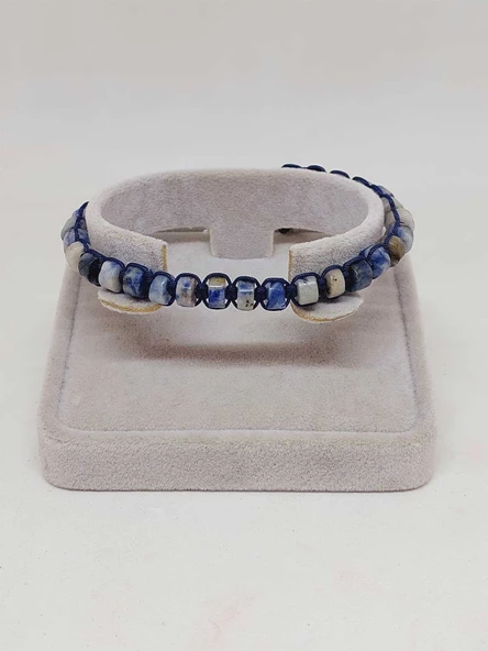 Sodalit Taşı Rondela Kesim Makrome Tasarım Unisex Bileklik (49354) - Resim 4