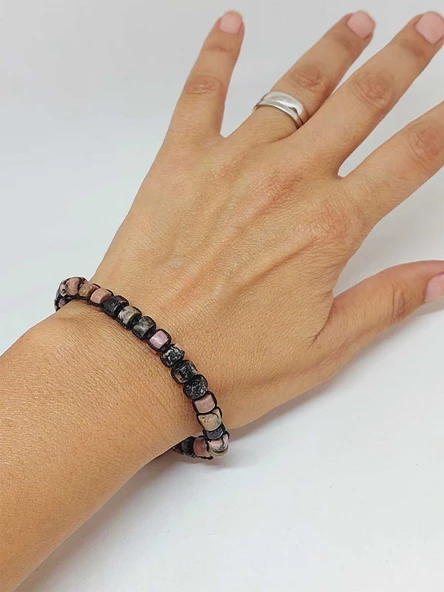 Rodonit Taşı Rondela Kesim Makrome Tasarım Unisex Bileklik (49346) - Resim 2