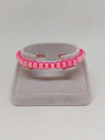 Pembe Kuvars Taşı Rondela Kesim Makrome Tasarım Unisex Bileklik (49358) - Resim 4